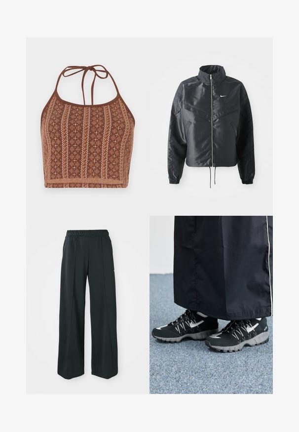 Fekete, rövidített dzseki magas gallérral, cipzáras záródással, elasztikus mandzsettákkal, és fehér Nike logóval. Simább, fényes anyag, enyhén textúrázott felülettel.; Barna mintás, pánt nélküli crop top, geometriai mintákkal és törtfehér részletekkel, állítható nyakpántokkal és puha, texturált felülettel.; Fekete, bővülő szárú sportnadrág rugalmas derékkal. Simaság és rugalmasság jellemzi, finom elülső varrásokkal és zsebek nélkül.; Fekete sportcipők, textúrált felsőrésszel, ezüst kiegészítőkkel és mintás talppal, fekete hosszú ruhadarabbal párosítva. Kék szőnyegen.