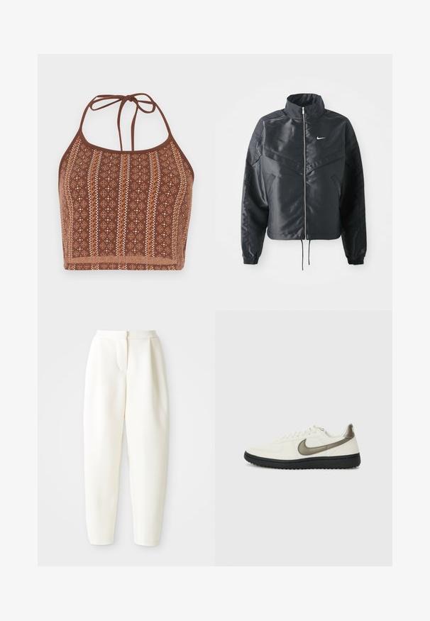 Svart cropped jakke med høy krage, glidelåsåpning, elastiske mansjetter og en hvit Nike-logo. Glatt, shiny stoff med en lett teksturert overflate.; Brunmønstret halterneck crop top med geometriske designs og off-white accenter, justerbare nakkebånd og en blød tekstureret overflade.; Høytlivede, smale hvite bukser med skjult frontlukking og sidelommer, vist mot en ensfarget hvit bakgrunn.; Nike Sportswear FIELD GENERAL - Joggesko - off-white/black