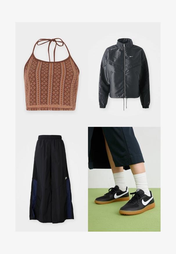 Crna kratka jakna s visokim ovratnikom, zatvaranjem na patentni zatvarač, elastinim rukavima i bijelim Nike logom. Glatka, sjajna tkanina s lagano teksturiranom površinom.; Smeđi halter crop top s uzorkom koji sadrži geometrijske dizajne s kremastim naglascima, podesivim vezicama za vrat i mekim teksturiranim završetkom.; Crne hlače širokih nogavica izrađene od lagane tkanine, sa tamnoplavim bočnim panelom i elastičnom stražnjom trakom. Mali bijeli logo je na dnu.; Crne kožne i sintetičke tenisice s bijelim Nike swooshom, gumeni potplat, okrugli vrh i crne vezice. Vidljive rebraste bijele čarape.