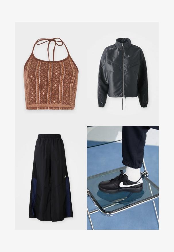 Černá zkrácená bunda s vysokým límcem, zipovým zapínáním, elastickými manžetami a bílým logem Nike. Hladká, lesklá látka s mírně strukturovaným povrchem.; Hnědý top na zavazování za krk s potiskem obsahující geometrické vzory a krémové akcenty, nastavitelnými šňůrkami na krku a jemně strukturovaným povrchem.; Černé kalhoty širokého střihu vyrobené z lehkého materiálu, s námořnickou modrou bočním panelem a elastickým pasem. Malé bílé logo na spodní části.; Černé tenisky Nike s bílými akcenty, s hladkou koženou texturou, šněrovacím designem a zaoblenou špičkou, umístěné na skleněné židli.