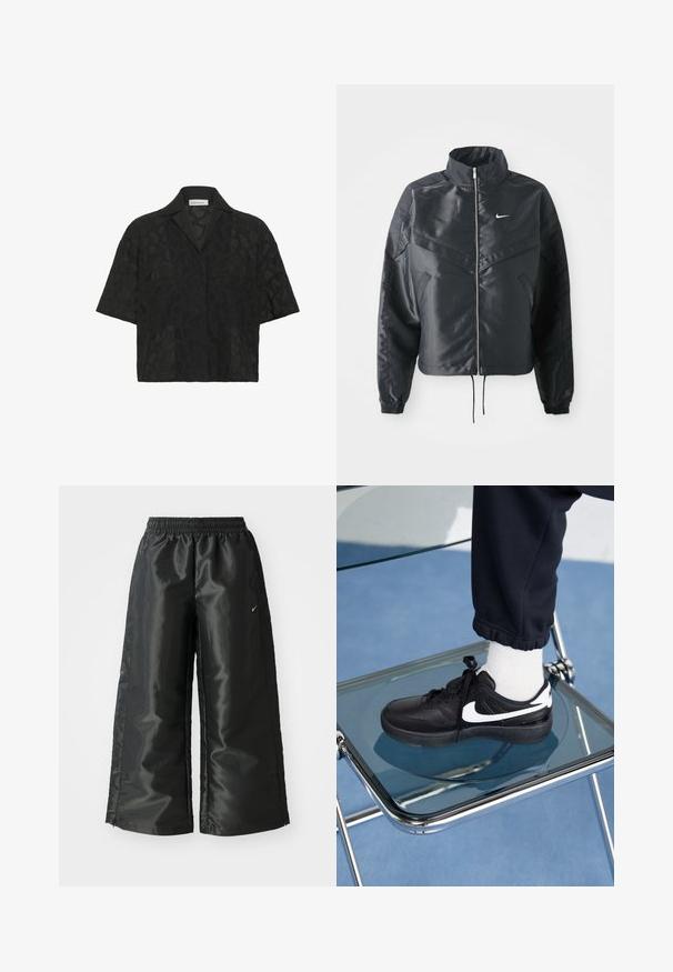 Chaqueta negra corta con cuello alto, cierre de cremallera, puños de elastano y un logo de Nike en blanco. Tejido suave y brillante con una superficie ligeramente texturizada.; Camisa negra de manga corta con un diseño de encaje geométrico texturizado, cuello con muesca y un corte holgado que mejora la transpirabilidad.; Pantalones deportivos negros de tejido brillante y suave, con una cinturilla elástica, pierna ancha y un pequeño logo en el lado izquierdo.; Zapatillas Nike negras con acentos blancos, con una textura de cuero suave, diseño de cordones y punta redondeada, colocadas sobre una silla de cristal.