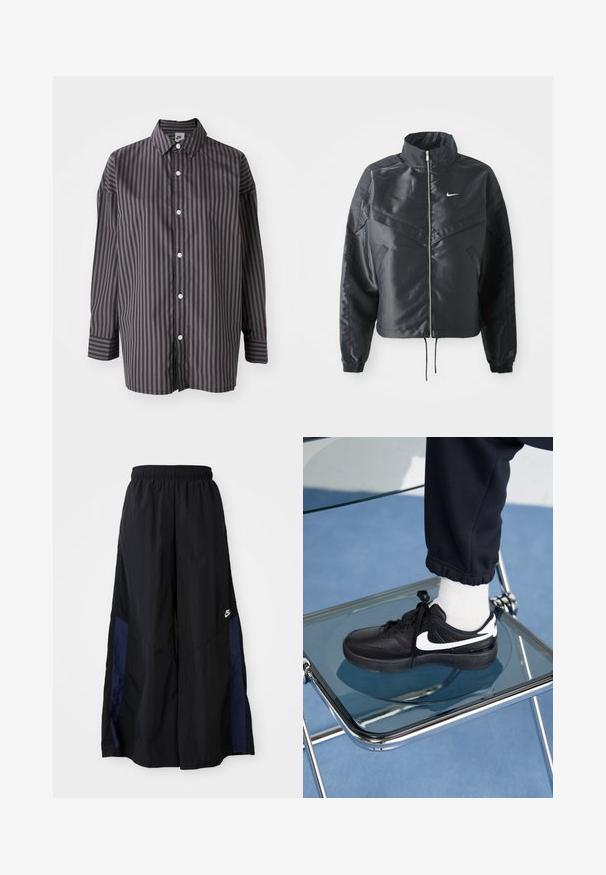 Giacca nera cropped con colletto alto, chiusura a zip, polsini in elastan e logo Nike bianco. Tessuto liscio e lucido con una superficie leggermente texturizzata.; Maglietta a maniche lunghe a righe nere e grigie scure con colletto, chiusura frontale con bottoni e vestibilità rilassata. Tessuto morbido.; Pantaloni neri a gamba larga realizzati in tessuto leggero, con un pannello laterale blu navy e una cintura elastica. Piccolo logo bianco sul fondo.; Sneakers Nike neri con accenti bianchi, caratterizzati da una superficie in pelle liscia, design con lacci e punta rotonda, posizionati su una sedia di vetro.