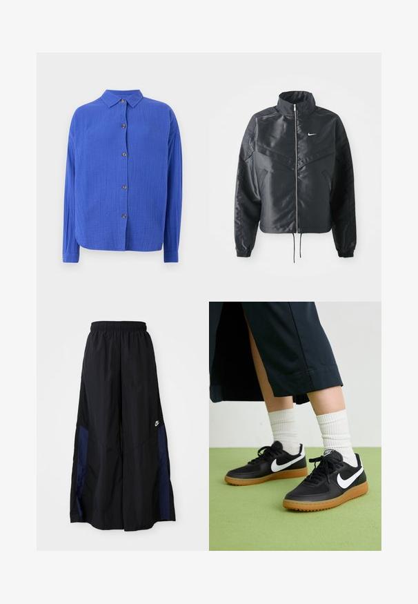 Chaqueta negra corta con cuello alto, cierre de cremallera, puños de elastano y un logo de Nike en blanco. Tejido suave y brillante con una superficie ligeramente texturizada.; Camisa azul de manga larga con tejido texturizado, cuello con solapa y cinco botones marrones en la parte delantera. Dobladillo inferior redondeado.; Pantalones de pierna ancha negros, confeccionados en una tela ligera, con un panel lateral azul marino y una cinturilla elástica. Logotipo blanco pequeño en la parte inferior.; Zapatillas de cuero negro y sintético con el swoosh blanco de Nike, suela de goma, punta redonda y cordones negros. Calcetines blancos acanalados visibles.