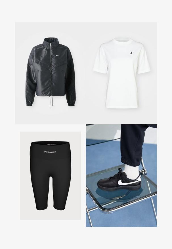 Svart kort jacka med hög krage, dragkedja, ärmslut i elastan och en vit Nike-logotyp. Slät, glänsande tyg med en något strukturerad yta.; Vit bomullströja med korta ärmar, rundad halsringning och en liten svart Jordan-logotyp på det övre vänstra bröstområdet.; Svarta träningsshorts i stretchy material, med hög midja och en vit logotyp "PEGADOR" på framsidan.; Svarta Nike-sneakers med vita detaljer, med en slät läderstruktur, snörningsdesign och rund tå, placerade på en glasstol.