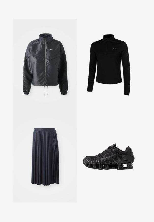 Jachetă croppată neagră cu guler înalt, închidere cu fermoar, manșete din elastan și un logo alb Nike. Material neted, lucios, cu o suprafață ușor texturată.; Top sportiv negru cu mânecă lungă, cu fermoar la jumătate, guler, logo reflectorizant Nike și cusături plate pentru confort și o ajustare strânsă.; Fustă neagră plisată cu un brâu neted, realizată dintr-un material ușor, având pliseuri verticale și un design până la podea.; Pantofii sport negri cu partea superioară din plasă și suprapuneri lucioase. Caracteristici de amortizare cu bobine curbate și linii texturate pe lateral. Logo-ul Nike este vizibil.
