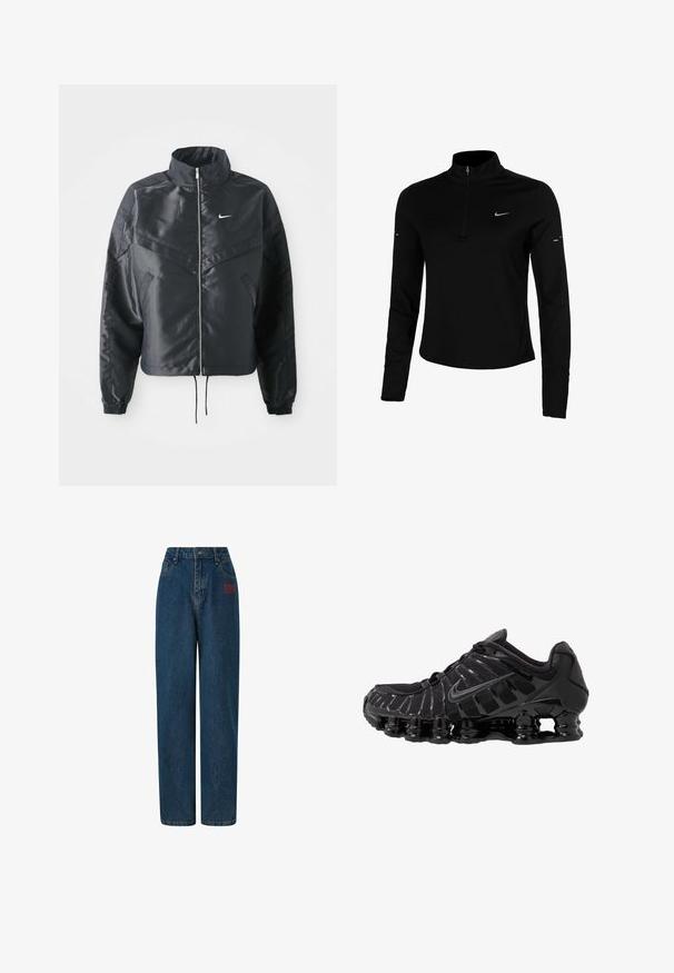Czarna krótka kurtka z wysokim kołnierzem, zamek błyskawiczny, ściągacze z elastanu i białe logo Nike. Gładki, błyszczący materiał o lekko teksturowanej powierzchni.; Czarna sportowa koszulka z długim rękawem, z półzamkiem, kołnierzem, odblaskowym logo Nike i szwami flatlock dla wygody oraz dopasowania.; Granatowe dżinsy o wysokim stanie, szerokiej nogawce, z przednimi kieszeniami i czerwonym haftowanym logo po lewej stronie. Czysty, klasyczny design.; Czarne buty sportowe z siateczkową cholewką i połyskującymi detalami. Posiadają wyprofilowane poduszki pod nogami i teksturowane linie po boku. Widoczna logo Nike.