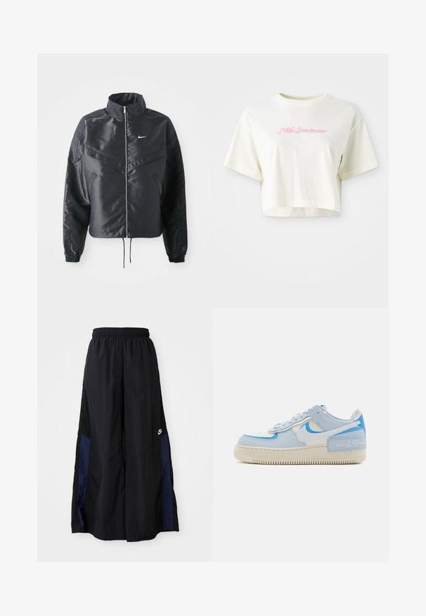 Must kolledžiga must lühike jope, millel on lukuga sulgus, elastne mansett ja valge Nike logo. Sile, läikiv kangas, millel on veidi tekstureeritud pind.; Lühendatud, kreemjas värvi t-särk, mis on valmistatud puuvillast. Omab roosa tikandiga logot, millel on kiri "Nike Sportwear". Lühikesed varrukad ja ümmargune kaelus.; Mustad laiad mustad püksid kergest kangast, millel on tumesinine külgpaneel ja elastne vöökoht. Väike valge logo allservas.; Sinine ja valge tenniseking, millel on nahast ülaserv, auguustega varvas, pehme krae ja kreemivärvi kummitald. Omab "AIR" brändingut kontsa paneelil.