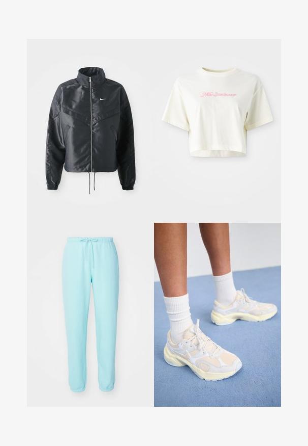 Juoda trumpa striukė su aukštu coloru, užtrauktuku, elastaniniu rankogaliu ir balta Nike logotipu. Lygus, blizgus audinys su šiek tiek tekstūruotu paviršiumi.; Trumpas, kreminės spalvos marškinėliai, pagaminti iš medvilnės. Puošti rožiniu siuvinėtu logotipu su užrašu "Nike Sportwear." Trumpomis rankovėmis ir apvaliu kaklu.; Šviesiai mėlynos sportinės kelnės su elastinga juosmens juosta, reguliuojamu virvutėliu ir siaurėjantis kojomis. Pagamintos iš minkštos, lygaus audinio be matomų logotipų.; Išvaizdūs sportiniai bateliai šviesiai geltonos ir baltos spalvų, pagaminti iš tinklinės ir sintetinių medžiagų, apvalios formos ir su tekstūruotais padais.
