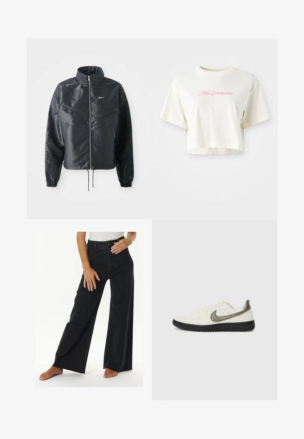 Czarna krótka kurtka z wysokim kołnierzem, zamek błyskawiczny, ściągacze z elastanu i białe logo Nike. Gładki, błyszczący materiał o lekko teksturowanej powierzchni.; Krótka, kremowa koszulka wykonana z bawełny. Posiada różowy haftowany logo z napisem "Nike Sportwear". Krótkie rękawy i okrągły dekolt.; Czarne jeansy z wysokim stanem i szerokimi nogawkami, wykonane z denimu, z zapięciem na guzik i suwak, z surowym wykończeniem dołu oraz kieszeniami w szwach bocznych.; Nike Sportswear - Sneakersy niskie