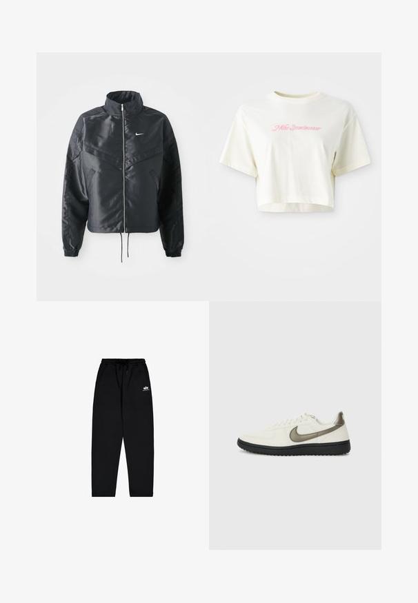 Mustat lyhyet takit, joissa on korkea kaulus, vetoketjukiinnitys, elastaanista valmistetut hihan suut ja valkoinen Nike-logo. Sileä, kiiltävä kangas, jossa on hieman tekstuuria.; Lyhennetty, kermanvärinen t-paita, joka on valmistettu puuvillasta. Siinä on vaaleanpunainen brodeerattu logo, jossa lukee "Nike Sportwear." Lyhyet hihat ja pyöreä pääntie.; Mustat collegehousut, jotka on valmistettu pehmeästä kankaasta, joustavalla vyötärölenkillä, kiristysnyörillä ja sivutaskuilla. Mitoissa pieni valkoinen logo reiden kohdalla.; Nike Sportswear FIELD GENERAL - Matalavartiset tennarit - off-white/black