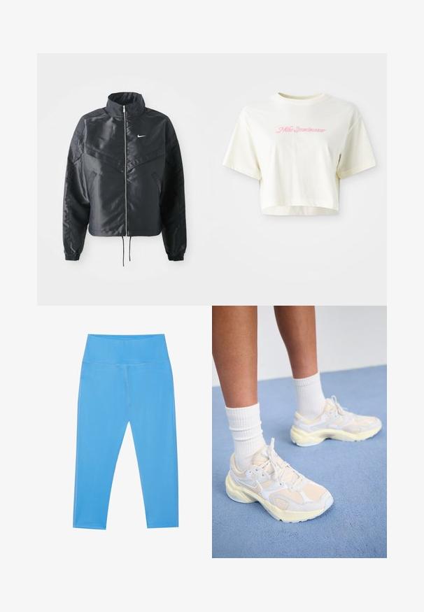Chaqueta negra corta con cuello alto, cierre de cremallera, puños de elastano y un logo de Nike en blanco. Tejido suave y brillante con una superficie ligeramente texturizada.; Camiseta cortada de color crema hecha de algodón. Presenta un logo bordado en rosa que dice "Nike Sportwear". Mangas cortas y un escote redondo.; Leggings azul elásticos con cintura alta, textura suave, corte hasta el tobillo y sutiles detalles de costura a lo largo de los lados.; Zapatos deportivos elegantes en amarillo pálido y blanco, con materiales de malla y sintéticos, una forma redondeada y suelas texturizadas.