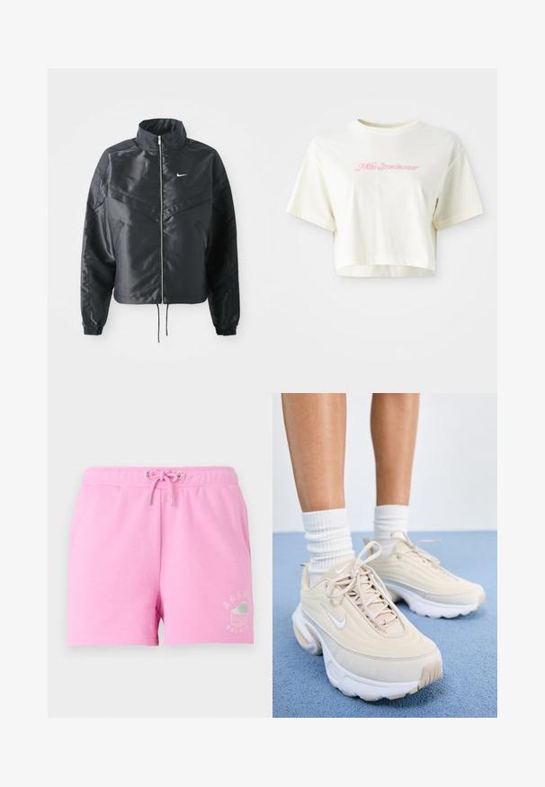 Črna skrajšana jakna z visokim ovratnikom, zadrgo, elastan rokavi in belim logotipom Nike. Gladek, sijoč material z rahlo teksturirano površino.; Skrajšana, krema barve majica iz bombaža. Ima roza vezen logotip z napisom "Nike Sportwear." Ima kratke rokave in okroglo ovratnik.; Roza bombažne kratke hlače z elastiko v pasu in vrvico, ki imajo na spodnji strani natisnjen bel grafični motiv sladoledne skodelice.; Bež športni čevlji z teksturirano zgornjico, belimi vezalkami in debelim belim podplatom. Oblika vsebuje subtilne krivine in majhen logo.