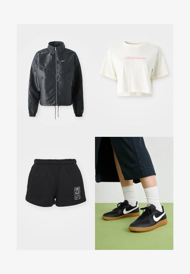 Svart cropped jakke med høy krage, glidelåsåpning, elastiske mansjetter og en hvit Nike-logo. Glatt, shiny stoff med en lett teksturert overflate.; Beskåret kremfarget t-skjorte laget av bomull. Har en rosa brodert logo med teksten "Nike Sportswear." Korte ermer og rund hals.; Sorte bomullsshorts med elastisk midje, med et hvitt grafisk trykk på venstre front og sidelommer.; Sorte lær- og syntetiske joggesko med hvit Nike swoosh, gummisåle, rund tå og sorte lisser. Ribbet hvite sokker synlige.