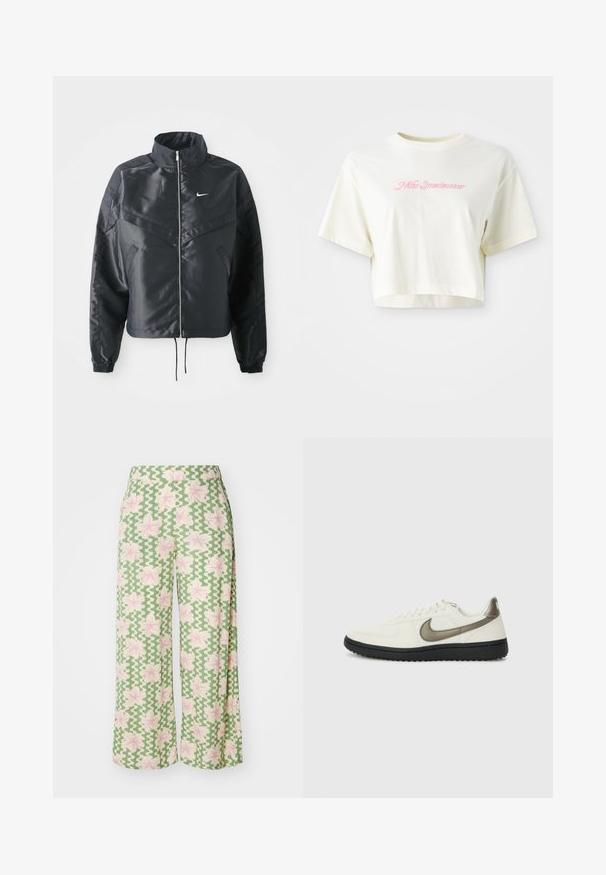Čierna skrátená bunda s vysokým golierom, zipsovým uzatváraním, elastickými manžetami a bielym logom Nike. Hladká, lesklá tkanina s mierne textúrovaným povrchom.; Krátky, smotanový tričko vyrobené z bavlny. Obsahuje ružový vyšívaný logotyp s nápisom "Nike Sportwear." Krátke rukávy a okrúhly výstrih.; Široké nohavice z zelenej látky s vlnitým vzorom a ružovými kvetmi. Pás je plochý, čo zvyšuje ležérny vzhľad.; Nike Sportswear FIELD GENERAL - Tenisky - off-white/black