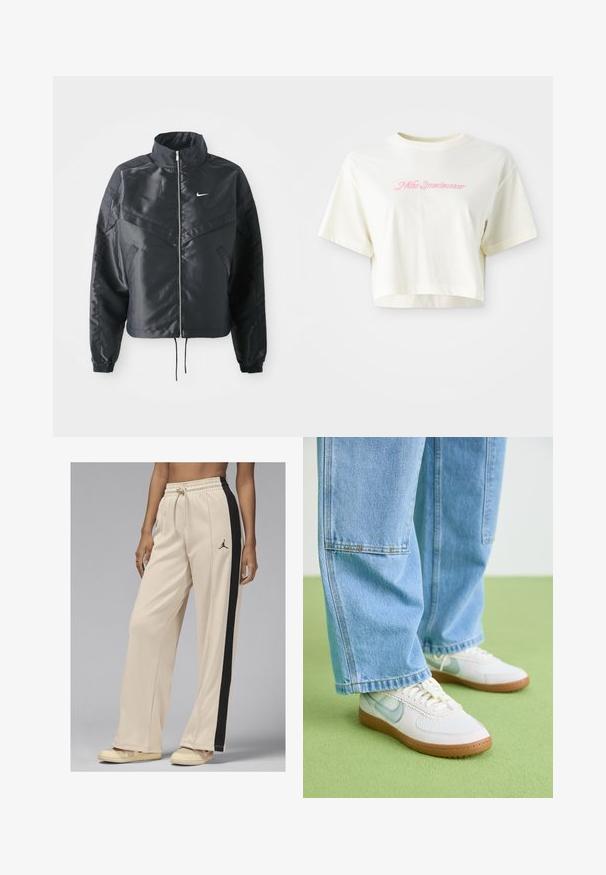 Black cropped jacket with high collar, zip closure, elastane cuffs, and a white Nike logo. Smooth, shiny fabric with a slightly textured surface.; Cropped, cream-colored t-shirt made of cotton. Features a pink embroidered logo that reads "Nike Sportwear." Short sleeves and a round neckline.; Beige athletic pants with black side stripes, elastic waistband, and drawstring. Features a small black logo on the left thigh. Smooth texture.; White sneakers with light blue accents, textured mesh upper, and tan rubber sole, paired with loose light blue denim jeans.