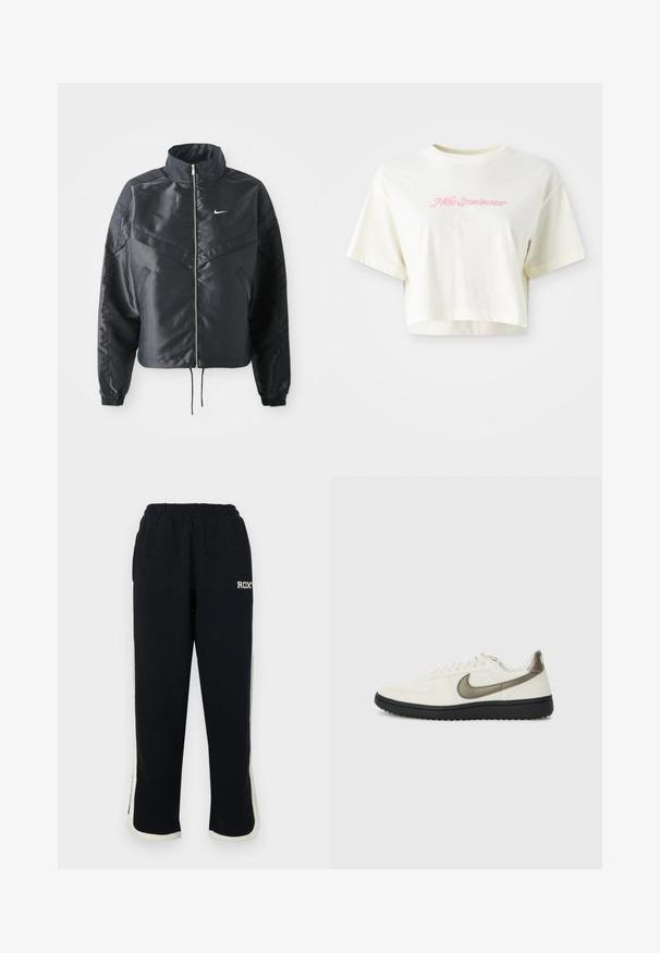 Schwarze, verkürzte Jacke mit hohem Kragen, Reißverschluss, Elastan-Ärmeln und einem weißen Nike-Logo. Glattes, glänzendes Material mit leicht strukturiertem Oberflächeneffekt.; Gekürztes, cremefarbenes T-Shirt aus Baumwolle. Es verfügt über ein pinkes, gesticktes Logo mit der Aufschrift "Nike Sportwear". Kurze Ärmel und ein runder Ausschnitt.; Schwarze Sweatpants mit elastischem Bund, weißen Seitenstreifen und einem kleinen Logo auf der Vorderseite. Hergestellt aus einem weichen, strukturierten Stoff.; Nike Sportswear FIELD GENERAL - Sneaker low - off-white/black
