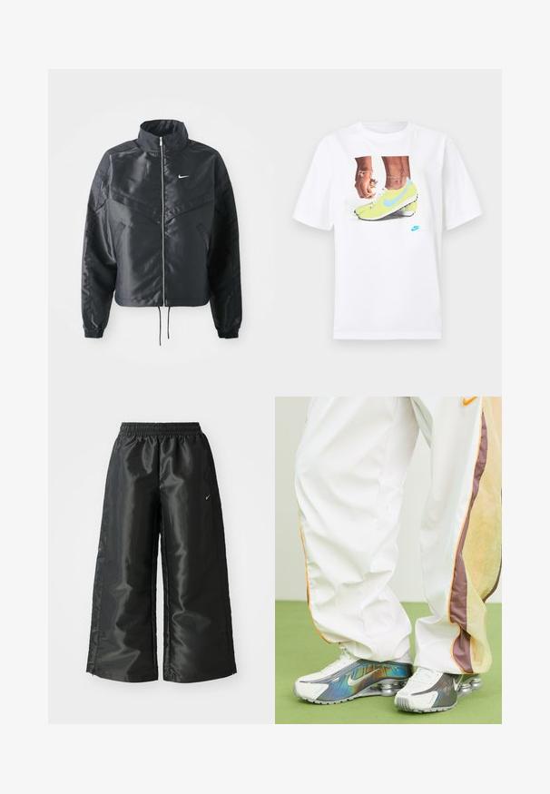 Must kolledžiga must lühike jope, millel on lukuga sulgus, elastne mansett ja valge Nike logo. Sile, läikiv kangas, millel on veidi tekstureeritud pind.; Valge puuvillane T-särk, millel on kollaste Nike jalatsite ja siniste aktsentidega jalgade graafika, kombineeritud vasakul randmel oleva käevõruga.; Mustad mustad sportsipüksid läikiva, siledaga kangaga, pa elastse vöökoha, laia sääre ja väikese logoga vasakul küljel.; Valged kerged treeningpüksid, millel on oranžid ja pruunid aktsendid, koos hõbedaste ja valgete Nike tossudega, millel on peegeldav disain ning nähtavad õhupodid.