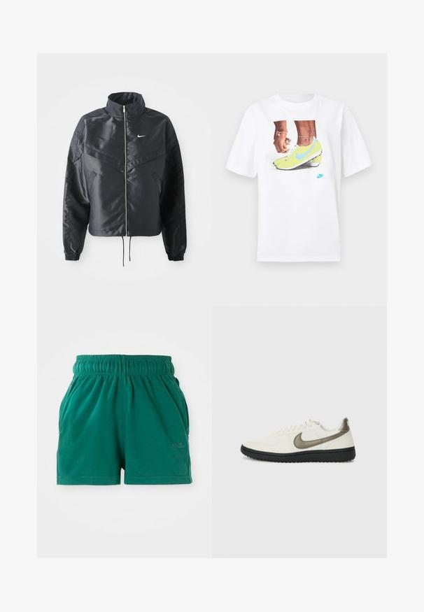Casaco preto curto com colarinho alto, fecho de zip, punhos em elastano e um logótipo Nike branco. Tecido suave e brilhante com uma superfície ligeiramente texturizada.; T-shirt branco de algodão com uma gráfica de pés em chuteiras Nike amarelas com detalhes azuis, combinado com uma pulseira no pulso esquerdo.; Calções casuais verdes de cintura elástica com bolsos laterais e um logótipos subtil na perna direita à frente.; Nike Sportswear FIELD GENERAL - Sapatilhas - off-white/black