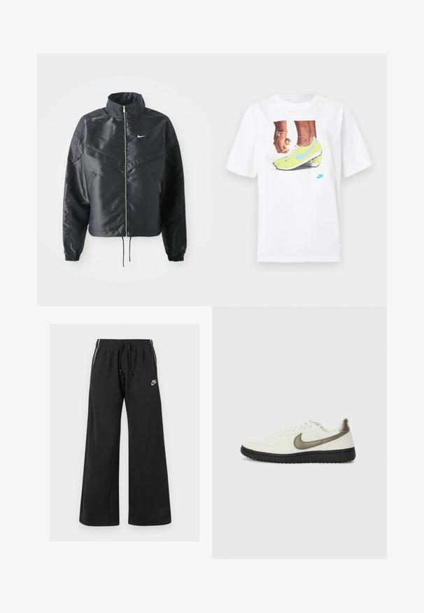 Svart cropped jakke med høy krage, glidelåsåpning, elastiske mansjetter og en hvit Nike-logo. Glatt, shiny stoff med en lett teksturert overflate.; Hvit bomull t-skjorte med et grafisk motiv av føtter i gule Nike fotballsko med blå detaljer, kombinert med et armbånd på venstre håndledd.; Svarte joggebukser laget av myk tekstil, med elastisk midje og snor, sidestrimler og en liten logo på venstre front.; Nike Sportswear FIELD GENERAL - Joggesko - off-white/black
