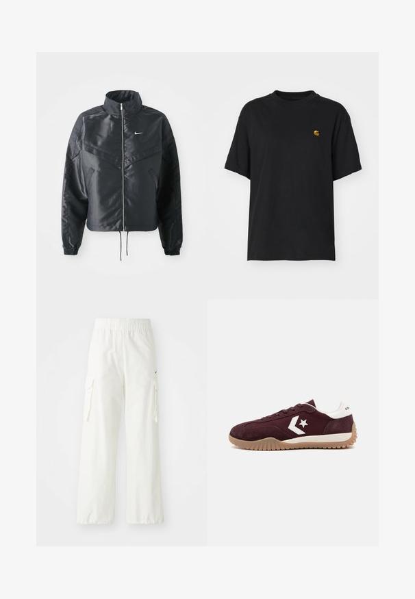 Casaco preto curto com colarinho alto, fecho de zip, punhos em elastano e um logótipo Nike branco. Tecido suave e brilhante com uma superfície ligeiramente texturizada.; T-shirt de algodão preto com um corte descontraído. Apresenta um decote redondo e mangas curtas. Inclui um pequeno logotipo bordado a dourado no peito.; Calças cargo brancas com um design de perna larga, apresentando uma cintura elástica e bolsos laterais. Tecido texturizado com um acabamento suave.; Tenis bordô com materiais de camurça e lona. Apresenta um logotipo de estrela branca, sola com padrão e fecho de atacador. Design slim e baixo.