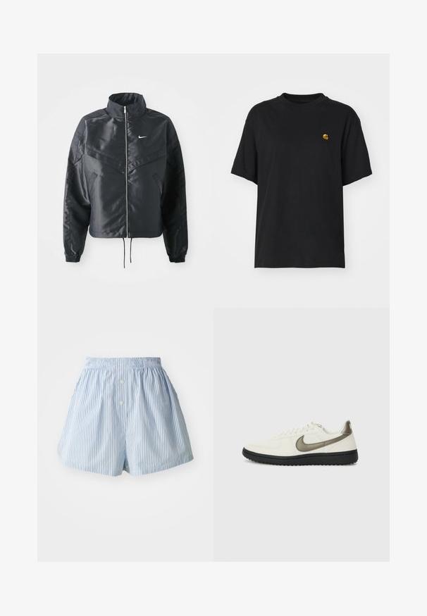 Casaco preto curto com colarinho alto, fecho de zip, punhos em elastano e um logótipo Nike branco. Tecido suave e brilhante com uma superfície ligeiramente texturizada.; T-shirt de algodão preto com um corte descontraído. Apresenta um decote redondo e mangas curtas. Inclui um pequeno logotipo bordado a dourado no peito.; Calções às riscas azuis e brancas feitos de tecido leve, com um cós elástico e dois botões frontais.; Nike Sportswear FIELD GENERAL - Sapatilhas - off-white/black