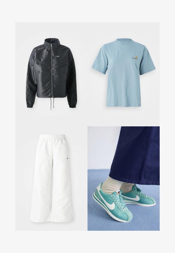 Must kolledžiga must lühike jope, millel on lukuga sulgus, elastne mansett ja valge Nike logo. Sile, läikiv kangas, millel on veidi tekstureeritud pind.; Hele sinine lühikeste varrukatega puuvillane T-särk ümmarguse kaelusega ja vasakul rinnal väike kollane ja punane Carhartti logo.; Valged spordipüksid laia jalaga disainiga, elastse vöökohtaga ja väike must Nike logo vasakul küljel. Sile, kerge materjal.; Türkiissinised Nike jooksujalatsid valgete aktsentidega, valmistatud siledast kangast ja nahast, retro disainiga ja tekstuurse tallaga.