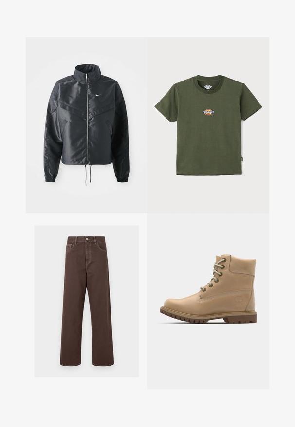 Giacca nera cropped con colletto alto, chiusura a zip, polsini in elastan e logo Nike bianco. Tessuto liscio e lucido con una superficie leggermente texturizzata.; T-shirt in cotone verde oliva con scollatura rotonda e maniche corte. Presenta un patch con logo multicolore sul petto. Texture liscia.; Pantaloni in denim marrone a gamba larga con cuciture a contrasto, cinque tasche e chiusura con bottone metallico. Texture liscia, taglio dritto.; Stivale alla caviglia in pelle beige con punta arrotondata, lacci beige e suola robusta. Presenta cuciture laterali e un logo circolare sul tallone.