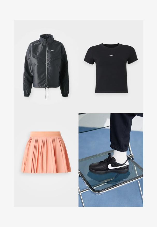 Veste noire courte avec col haut, fermeture éclair, poignets en élasthanne et logo Nike blanc. Tissu lisse et brillant avec une surface légèrement texturée.; T-shirt noir à manches courtes en coton avec un col rond. Présente un logo Nike blanc sur la poitrine, un design minimaliste et une coupe ajustée.; Jupe plissée pêche avec une large taille élastique et une texture douce. Présente un détail de logo simple en bas à droite.; Baskets Nike noires avec des accents blancs, présentant une texture en cuir lisse, un design à lacets et un bout rond, placées sur une chaise en verre.