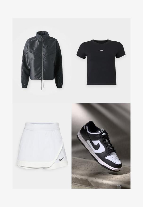Čierna skrátená bunda s vysokým golierom, zipsovým uzatváraním, elastickými manžetami a bielym logom Nike. Hladká, lesklá tkanina s mierne textúrovaným povrchom.; Čierne tričko s krátkym rukávom vyrobené z bavlny s okrúhlym výstrihom. Obsahuje biele logo Nike na hrudi, minimalistický dizajn a priliehavý strih.; Biela športová sukňa s prekrývajným dizajnom, elastickým pásom, kontrastným svetlým lemom a čiernym logom Nike na dolnej ľavej strane.; Čierno-biele tenisky Nike Dunk Low s koženým zvrškom, perforovanou špičkou a čiernymi šnúrkami, so bielou podrážkou a logovými akcentmi.