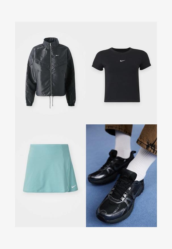 Črna skrajšana jakna z visokim ovratnikom, zadrgo, elastan rokavi in belim logotipom Nike. Gladek, sijoč material z rahlo teksturirano površino.; Črna kratka majica z rokavi iz bombaža s krožnim vratnim izrezom. Ima bel Nike logotip na prsih, minimalističen dizajn in oprijet kroj.; Svetlo modra športna krila iz gladkega, raztegljivega materiala. Ima stranski razporek in majhen bel Nike logo na spodnjem sprednjem delu.; Črne športne čevlje Nike imajo mrežasto zgornji del s sijočimi akcenti, črne vezalke in teksturiran podplat. Ujemajo se z belimi rebrastimi nogavicami.