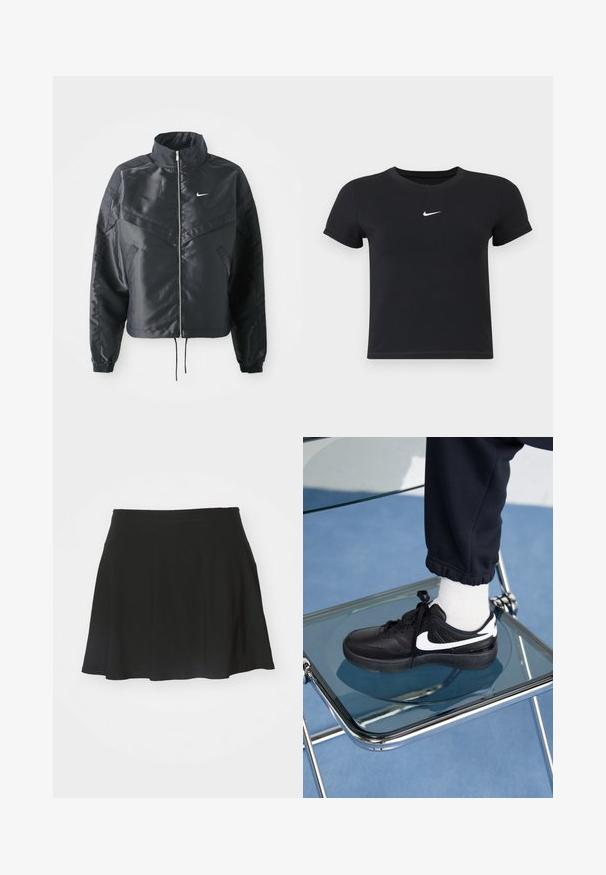 Černá zkrácená bunda s vysokým límcem, zipovým zapínáním, elastickými manžetami a bílým logem Nike. Hladká, lesklá látka s mírně strukturovaným povrchem.; Černé tričko s krátkým rukávem vyrobené z bavlny s kulatým výstřihem. Na hrudi se nachází bílé logo Nike, minimalistický design a přiléhavý střih.; Černá skater sukně vyrobená z jemné látky, s rozšířeným designem, širokým pasem a hladkou texturou, bez viditelných vzorů nebo kovových prvků.; Černé tenisky Nike s bílými akcenty, s hladkou koženou texturou, šněrovacím designem a zaoblenou špičkou, umístěné na skleněné židli.