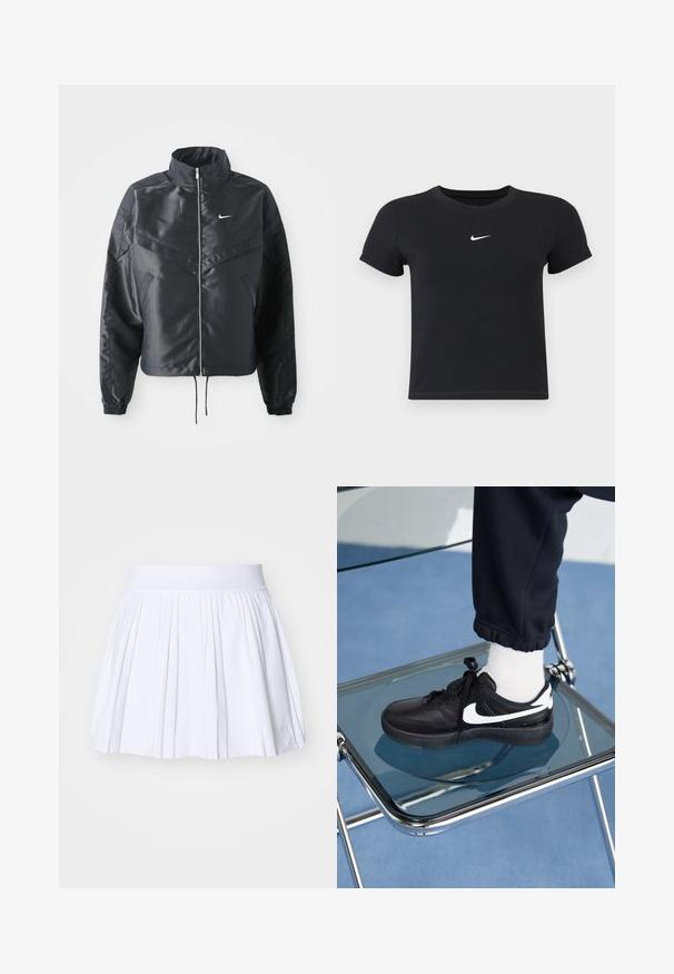 Černá zkrácená bunda s vysokým límcem, zipovým zapínáním, elastickými manžetami a bílým logem Nike. Hladká, lesklá látka s mírně strukturovaným povrchem.; Černé tričko s krátkým rukávem vyrobené z bavlny s kulatým výstřihem. Na hrudi se nachází bílé logo Nike, minimalistický design a přiléhavý střih.; Bílá skládací sukně s měkkým elastickým pasem, která se vyznačuje hladkým povrchem a minimalistickým designem bez dalších vzorů nebo akcentů.; Černé tenisky Nike s bílými akcenty, s hladkou koženou texturou, šněrovacím designem a zaoblenou špičkou, umístěné na skleněné židli.
