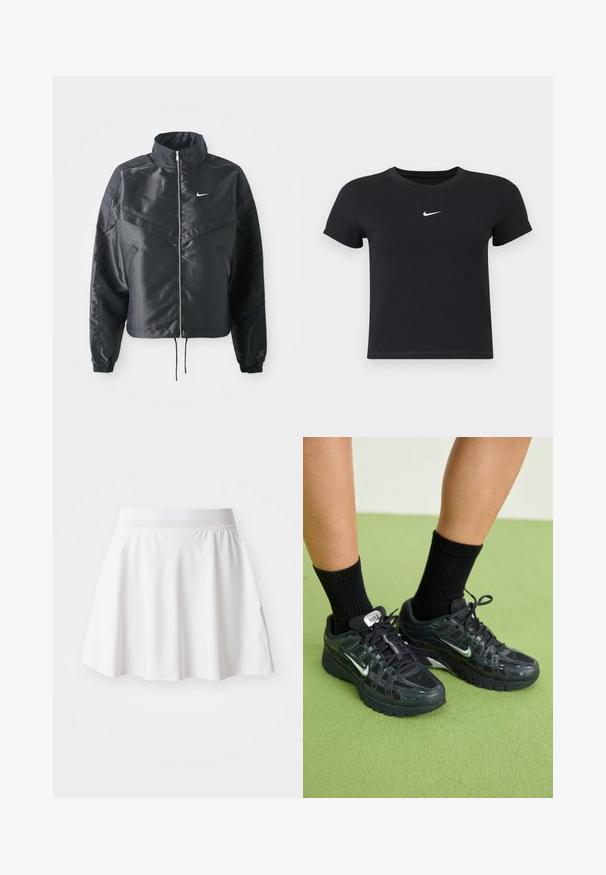 Svart cropped jakke med høy krage, glidelåsåpning, elastiske mansjetter og en hvit Nike-logo. Glatt, shiny stoff med en lett teksturert overflate.; Svart T-skjorte med kort arm laget av bomull med rund hals. Har en hvit Nike-logo på brystet, minimalistisk design og tettsittende fasong.; Hvit, utsvingt skjørt laget av mykt stoff, med elastisk midjebånd og en glatt tekstur. Minimalistisk design uten mønstre eller detaljer.; Sorte Nike-sneakers med mesh og syntetiske overlegg, med reflekterende detaljer, en polstret såle, og svarte ribbestrikkede sokker.