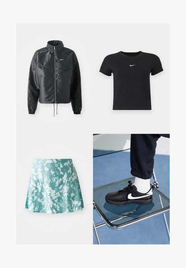 Zwarte cropped jack met hoge kraag, ritsluiting, elastische manchetten en een wit Nike-logo. Glad, glanzend materiaal met een licht gestructureerd oppervlak.; Zwarte katoenen t-shirt met korte mouwen en ronde hals. Voorzien van een wit Nike-logo op de borst, minimalistisch ontwerp en een aansluitende pasvorm.; Een mintgroene skaterskirt met een spetterpatroon in het wit, gemaakt van lichtgewicht stof. Heeft een iets uitlopende vorm en een zijsplit.; Zwarte Nike sneakers met witte accenten, met een gladde leren textuur, vetersluiting en ronde neus, geplaatst op een glazen stoel.