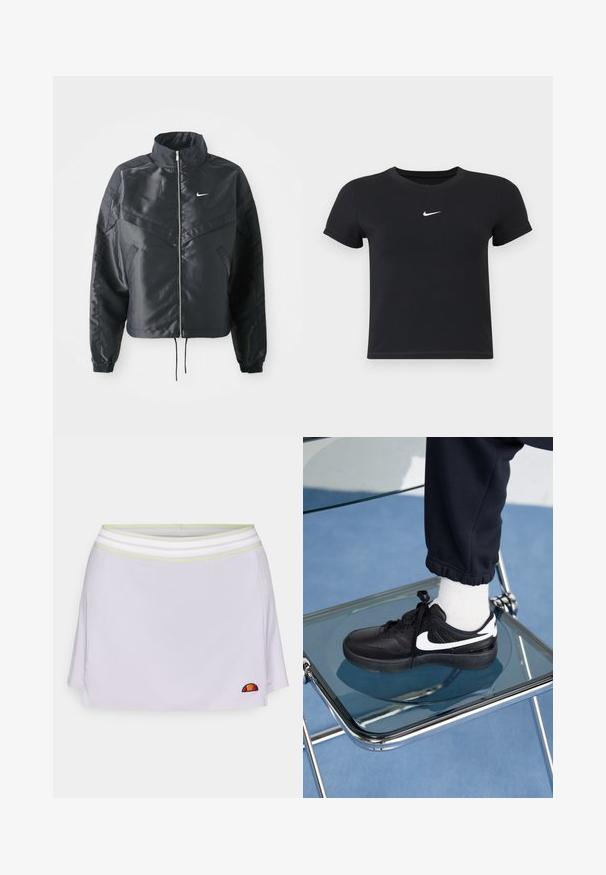 Mustat lyhyet takit, joissa on korkea kaulus, vetoketjukiinnitys, elastaanista valmistetut hihan suut ja valkoinen Nike-logo. Sileä, kiiltävä kangas, jossa on hieman tekstuuria.; Mustat lyhyet hihattomat t-paidat, jotka on valmistettu puuvillasta ja joissa on pyöreä pääntie. Sisältää valkoisen Nike-logon rinnassa, yksinkertainen muotoilu ja kapea leikkaus.; Lila urheilu hame, jossa on verkkovaihtoehto valkoisilla ja vihreillä raidoilla. Sisältää pienen kirjailtavan logon alakulmassa.; Mustat Nike-tennarit valkoisilla yksityiskohdilla, joissa on sileä nahkapinta, nauhakiinnitys ja pyöreä varvas, aseteltuna lasituolille.