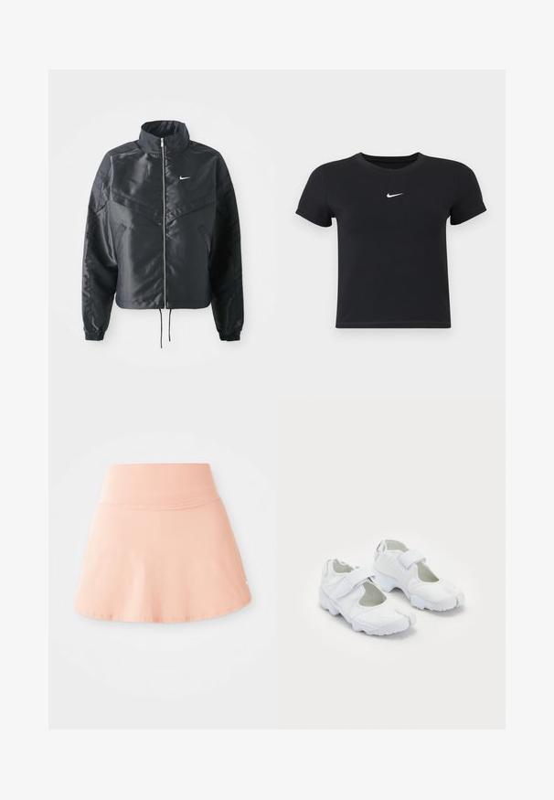 Svart cropped jakke med høy krage, glidelåsåpning, elastiske mansjetter og en hvit Nike-logo. Glatt, shiny stoff med en lett teksturert overflate.; Svart T-skjorte med kort arm laget av bomull med rund hals. Har en hvit Nike-logo på brystet, minimalistisk design og tettsittende fasong.; Ferskenfarget treningsskjørt laget av glatt, elastisk stoff. Har bred linning, utvidet kant og en liten logo aksent på siden.; Hvite sportssko med strukturert overdel, justerbar borrelåsrem, rund tå og en klumpete såle med distinkt mønster.
