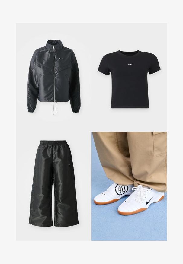 Casaco preto curto com colarinho alto, fecho de zip, punhos em elastano e um logótipo Nike branco. Tecido suave e brilhante com uma superfície ligeiramente texturizada.; T-shirt preta de manga curta feita de algodão, com decote redondo. Apresenta um logótipo branco da Nike no peito, design minimalista e corte ajustado.; Calças atléticas pretas com um tecido brilhante e suave, apresentando uma cintura elástica, pernas largas e um pequeno logotipo do lado esquerdo.; Tênis brancos de desporto com um design acolchoado, logo Nike em preto, e um gráfico proeminente "90" em preto na lateral, combinados com calças caqui.