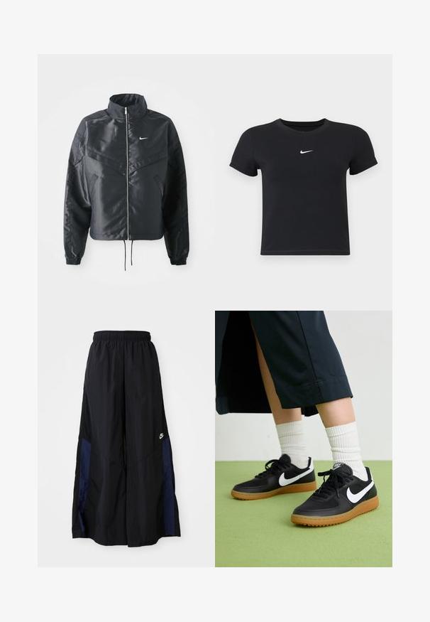 Fekete, rövidített dzseki magas gallérral, cipzáras záródással, elasztikus mandzsettákkal, és fehér Nike logóval. Simább, fényes anyag, enyhén textúrázott felülettel.; Fekete, rövid ujjú póló, pamutból készült, kerek nyakkivágással. A mellkasán fehér Nike logó található, minimális dizájnnal és testhez simuló formával.; Fekete, bő szárú nadrág könnyű anyagból, tengerészkék oldalsó panellel és elasztikus derékkal. Kicsi fehér logó az alján.; Fekete bőr és szintetikus sneakers, fehér Nike logo-val, gumi talppal, kerek orral és fekete fűzővel. Csíkos fehér zokni látható.