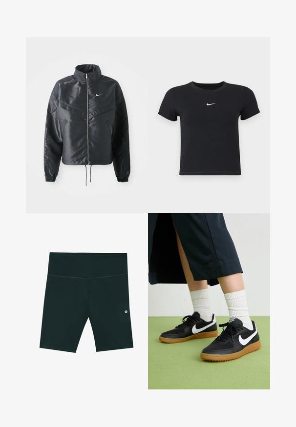 Svart cropped jakke med høy krage, glidelåsåpning, elastiske mansjetter og en hvit Nike-logo. Glatt, shiny stoff med en lett teksturert overflate.; Svart T-skjorte med kort arm laget av bomull med rund hals. Har en hvit Nike-logo på brystet, minimalistisk design og tettsittende fasong.; Mørkegrønne shorts med en glat tekstur, knælange og med en talje. Har et lille hvidt logo nær bunden til højre.; Sorte lær- og syntetiske joggesko med hvit Nike swoosh, gummisåle, rund tå og sorte lisser. Ribbet hvite sokker synlige.