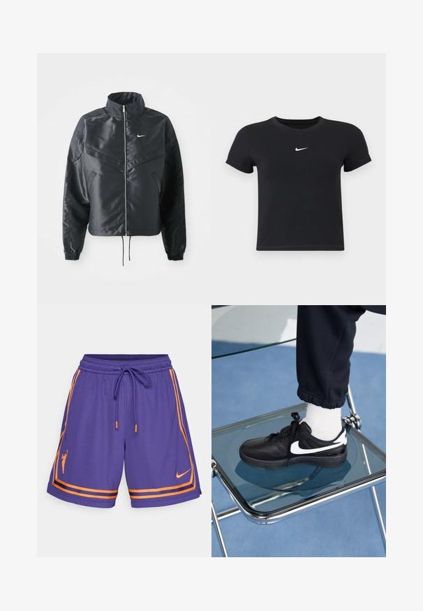 Mustat lyhyet takit, joissa on korkea kaulus, vetoketjukiinnitys, elastaanista valmistetut hihan suut ja valkoinen Nike-logo. Sileä, kiiltävä kangas, jossa on hieman tekstuuria.; Mustat lyhyet hihattomat t-paidat, jotka on valmistettu puuvillasta ja joissa on pyöreä pääntie. Sisältää valkoisen Nike-logon rinnassa, yksinkertainen muotoilu ja kapea leikkaus.; Violet urheilushortsit oransseilla yksityiskohdilla, joissa on nyörikiinnitysvyötärö, sivuraitoja ja siluetti logo. Valmistettu hengittävästä materiaalista.; Mustat Nike-tennarit valkoisilla yksityiskohdilla, joissa on sileä nahkapinta, nauhakiinnitys ja pyöreä varvas, aseteltuna lasituolille.