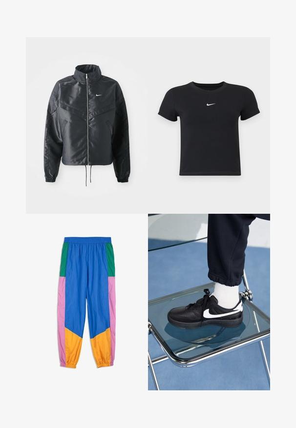 Sort cropped jakke med høj krave, lynlås lukning, elastiske manchetter og et hvidt Nike-logo. Glat, blankt stof med en let struktureret overflade.; Sort kortærmet t-shirt lavet af bomuld med rund hals. Har et hvidt Nike-logo på brystet, minimalistisk design og tætsiddende pasform.; Farverige løbebukser med paneler i blå, grøn, pink og orange. Lavet af letvægtsstof med elastisk talje og manchetter.; Sorte Nike sneakers med hvide detaljer, der har en glat læderoverflade, snørebånd og rund tå, placeret på en glasstol.