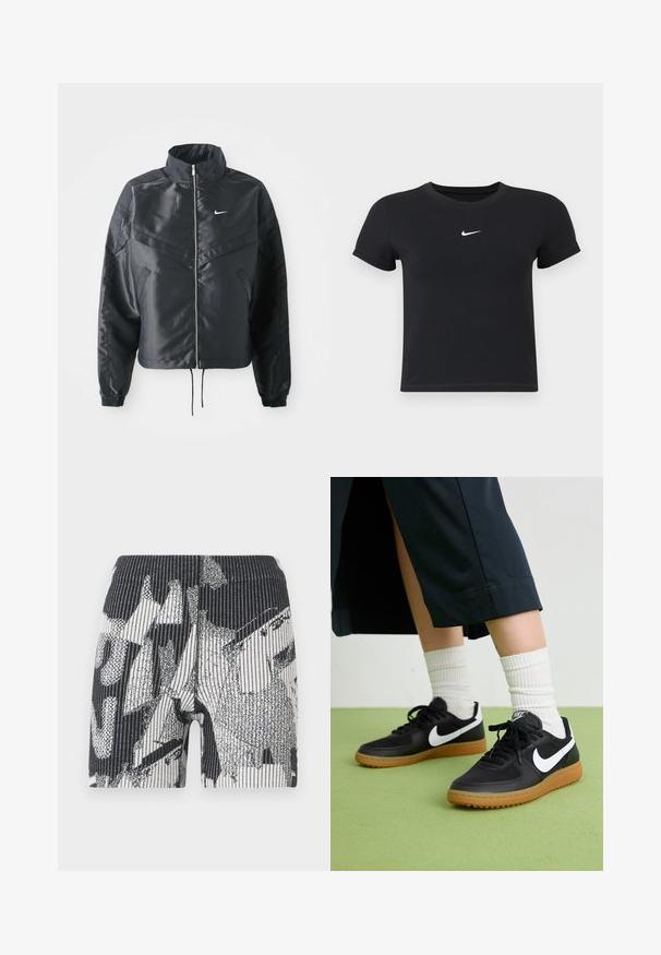 Zwarte cropped jack met hoge kraag, ritsluiting, elastische manchetten en een wit Nike-logo. Glad, glanzend materiaal met een licht gestructureerd oppervlak.; Zwarte katoenen t-shirt met korte mouwen en ronde hals. Voorzien van een wit Nike-logo op de borst, minimalistisch ontwerp en een aansluitende pasvorm.; Zwart-witte shorts met een geribbelde textuur. Het ontwerp heeft abstracte vormen en strepen. Elastische tailleband voor een stevige pasvorm.; Zwarte leren en synthetische sneakers met witte Nike swoosh, rubberen gumzool, ronde neus en zwarte veters. Geribbelde witte sokken zichtbaar.