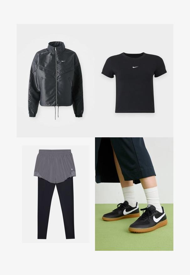 Svart cropped jakke med høy krage, glidelåsåpning, elastiske mansjetter og en hvit Nike-logo. Glatt, shiny stoff med en lett teksturert overflate.; Svart T-skjorte med kort arm laget av bomull med rund hals. Har en hvit Nike-logo på brystet, minimalistisk design og tettsittende fasong.; Sport shortser med et folderet grått topplag og tettsittende svarte tights under. Elastisk midjebånd, lett materiale og jevn tekstur.; Sorte lær- og syntetiske joggesko med hvit Nike swoosh, gummisåle, rund tå og sorte lisser. Ribbet hvite sokker synlige.