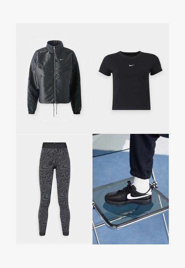 Chaqueta negra corta con cuello alto, cierre de cremallera, puños de elastano y un logo de Nike en blanco. Tejido suave y brillante con una superficie ligeramente texturizada.; Camiseta negra de manga corta hecha de algodón con un cuello redondo. Presenta un logo blanco de Nike en el pecho, diseño minimalista y forma ajustada.; Mallas de tela elástica en gris oscuro con un patrón texturizado y en espiral de color negro; diseño ajustado con una cinturilla ancha y puños rematados.; Zapatillas Nike negras con acentos blancos, con una textura de cuero suave, diseño de cordones y punta redondeada, colocadas sobre una silla de cristal.