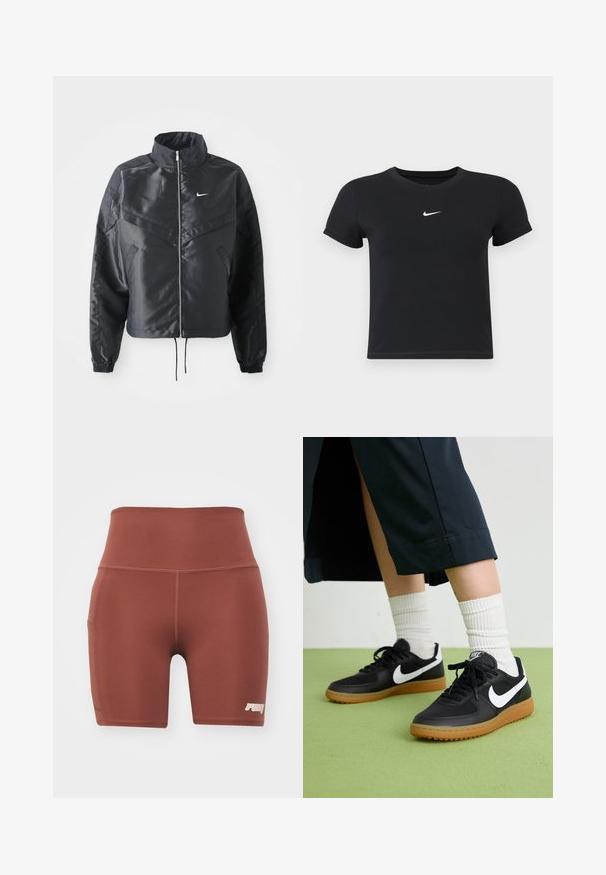 Chaqueta negra corta con cuello alto, cierre de cremallera, puños de elastano y un logo de Nike en blanco. Tejido suave y brillante con una superficie ligeramente texturizada.; Camiseta negra de manga corta hecha de algodón con un cuello redondo. Presenta un logo blanco de Nike en el pecho, diseño minimalista y forma ajustada.; Pantalones cortos atléticos ajustados de color marrón con una cintura alta, fabricados en una tela suave. Cuenta con un bolsillo lateral y un pequeño logo en la esquina inferior derecha.; Zapatillas de cuero negro y sintético con el swoosh blanco de Nike, suela de goma, punta redonda y cordones negros. Calcetines blancos acanalados visibles.
