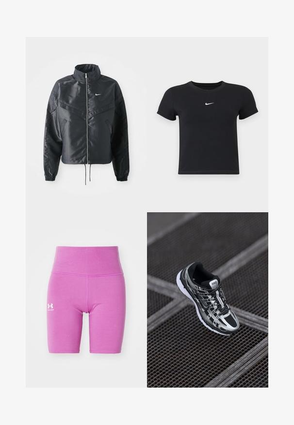 Juoda trumpa striukė su aukštu coloru, užtrauktuku, elastaniniu rankogaliu ir balta Nike logotipu. Lygus, blizgus audinys su šiek tiek tekstūruotu paviršiumi.; Juodas trumpas rankoves marškinėliai, pagaminti iš medvilnės, su apvaliu kaklu. Pasižymi balta Nike logotipu ant krūtinės, minimalistišku dizainu ir prigludusia forma.; Rožinės, tamprios dviračio šortai su aukštu juosmeniu, plokščiomis siūlėmis ir baltu Under Armour logotipu kairiajame šone. Sklandus paviršius.; Nike bėgimo bateliai su juodos ir sidabrinės spalvų schema, tinklinis viršus, tekstūruota padas ir raištelių sistema saugiam prigludimui.