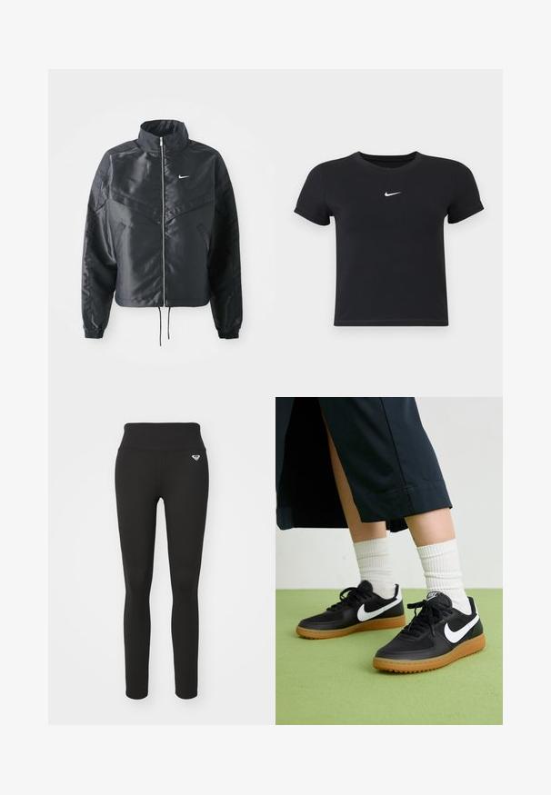 Veste noire courte avec col haut, fermeture éclair, poignets en élasthanne et logo Nike blanc. Tissu lisse et brillant avec une surface légèrement texturée.; T-shirt noir à manches courtes en coton avec un col rond. Présente un logo Nike blanc sur la poitrine, un design minimaliste et une coupe ajustée.; Leggings noirs avec une taille haute, fabriqués dans un matériau extensible. Présente un petit logo sur la hanche et une texture lisse et mate.; Baskets noires en cuir et synthétique avec le swoosh blanc de Nike, semelle en caoutchouc, bout rond et lacets noirs. Chaussettes blanches côtelées visibles.