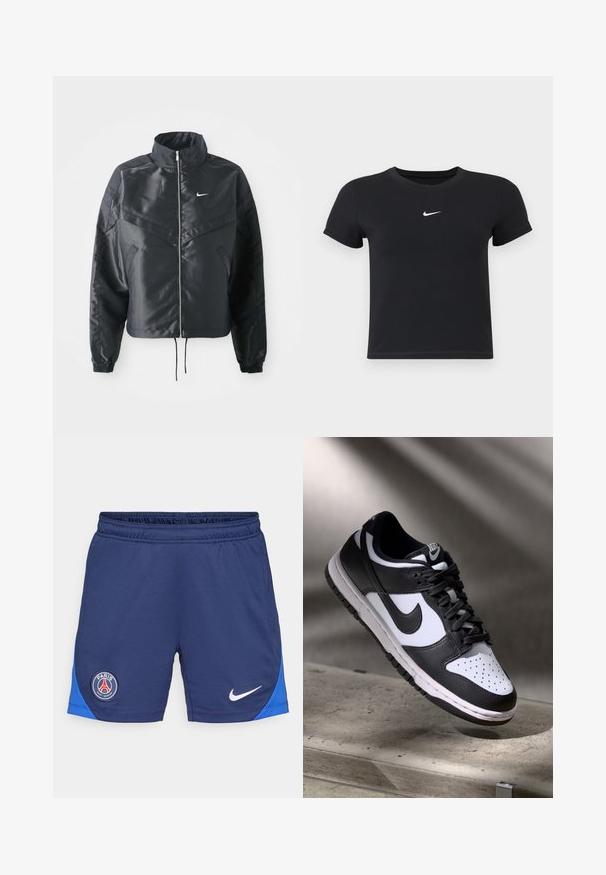 Black cropped jacket with high collar, zip closure, elastane cuffs, and a white Nike logo. Smooth, shiny fabric with a slightly textured surface.; Black short-sleeve t-shirt made of cotton with a round neckline. Features a white Nike logo on the chest, minimalistic design, and fitted shape.; Navy blue athletic shorts featuring an elastic waistband, side panel in blue, Nike logo in white, and a round PSG logo on the left thigh.; Black and white Nike Dunk Low sneaker with leather upper, perforated toe box, and black laces, featuring a white sole and logo accents.