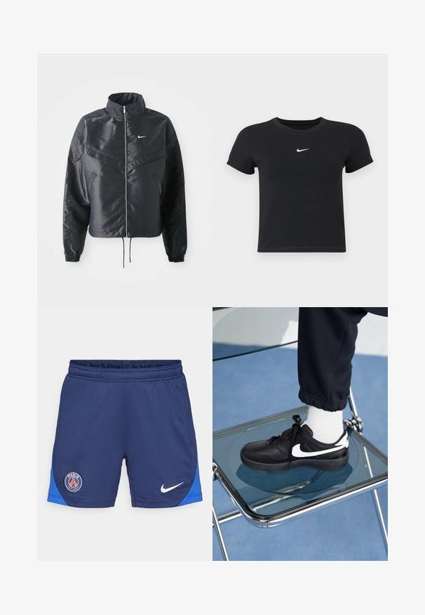 Black cropped jacket with high collar, zip closure, elastane cuffs, and a white Nike logo. Smooth, shiny fabric with a slightly textured surface.; Black short-sleeve t-shirt made of cotton with a round neckline. Features a white Nike logo on the chest, minimalistic design, and fitted shape.; Navy blue athletic shorts featuring an elastic waistband, side panel in blue, Nike logo in white, and a round PSG logo on the left thigh.; Black Nike sneakers with white accents, featuring a smooth leather texture, lace-up design, and rounded toe, positioned on a glass chair.