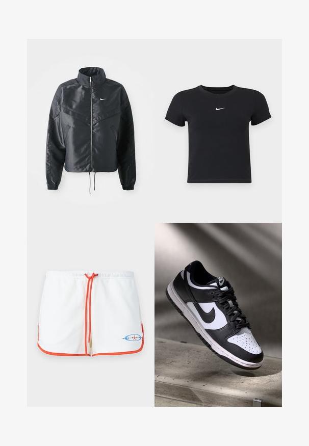 Must kolledžiga must lühike jope, millel on lukuga sulgus, elastne mansett ja valge Nike logo. Sile, läikiv kangas, millel on veidi tekstureeritud pind.; Must have lühikeste varrukatega must t-särk, mis on valmistatud puuvillast ja millel on ümar kaelus. Ees on valge Nike logo, minimaalne disain ja sobiv kuju.; Valged lühikesed püksid oranžide paelte ja ääristustega. Omab graafilist logo sinise ja punase värviga. Pehme kangas ja lõdva disainiga.; Mustvalge Nike Dunk Low tossud nahast ülaservaga, perforatsioonidega varbakoht ja mustad kengid, valge tallaga ja logo aktsentidega.